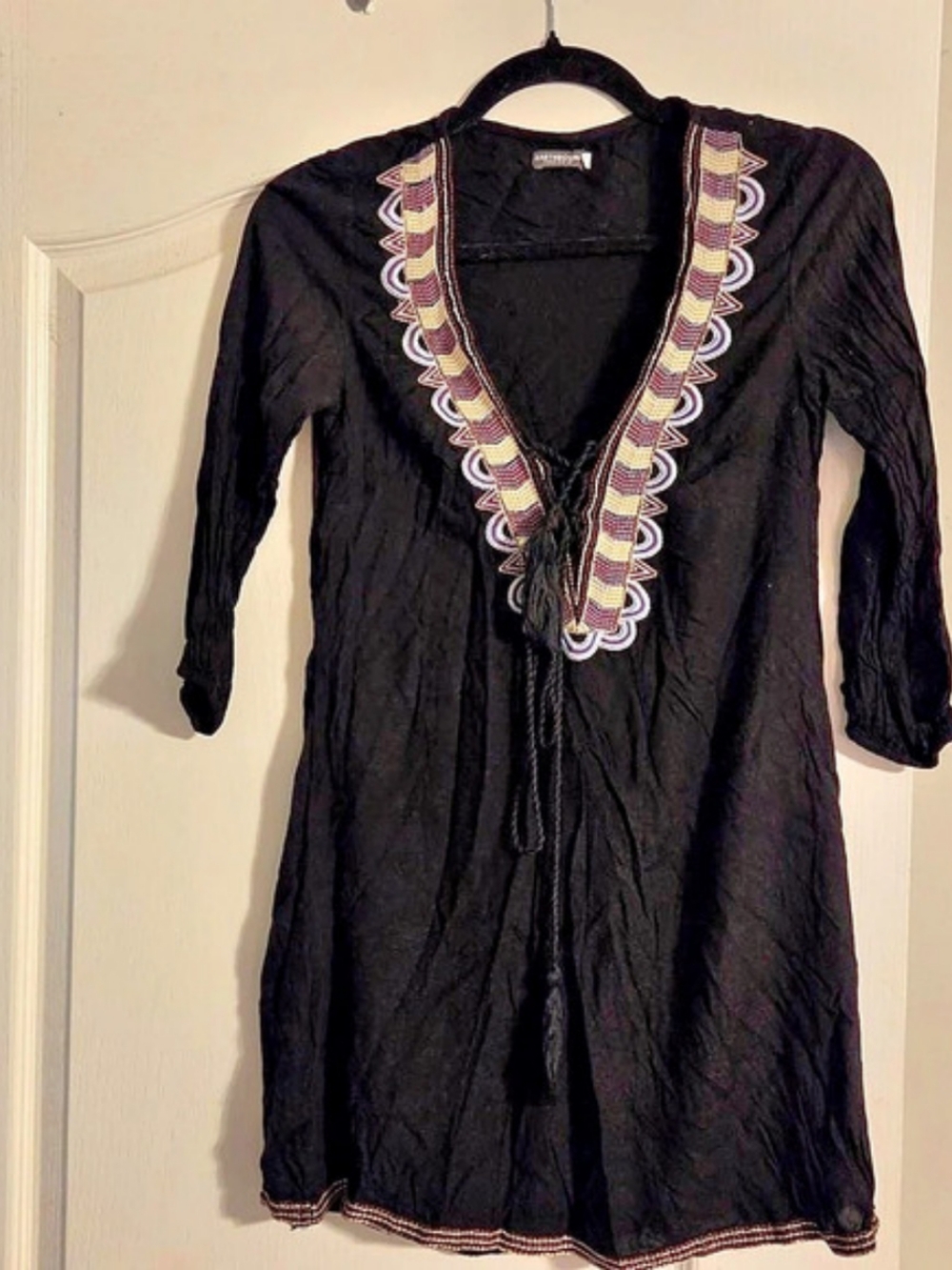Earthbound Trading Co. Embroidered Mini Dress in Black Size Small